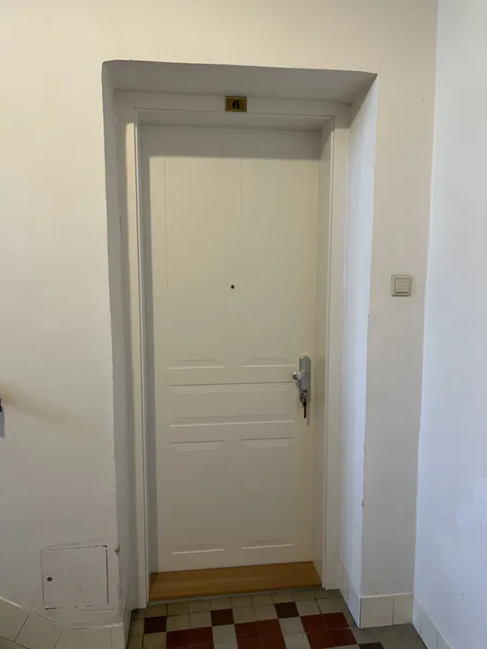 Weiße Tür im Altbau mit Kassettenfeldern im unteren Türblatt, davor ein Schachbrettboden